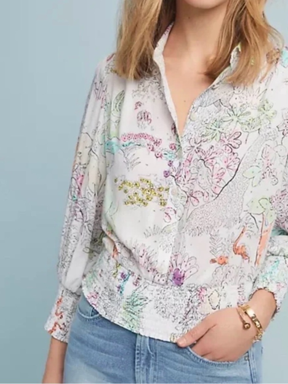 Maeve White Botanical & Wildlife Print Button-Up Blouse